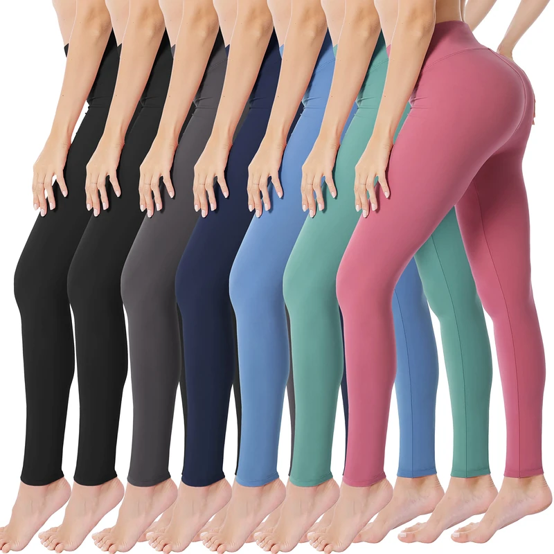 VALANDY High Waisted Leggings for Women Buttery Soft Stretchy Tummy Control Workout Yoga Running Pants One&Plus Size, 7 Packs-Black/Black/Dark Gray/Navy/Blue/Ins Green/Dark Pink, Small/Medium