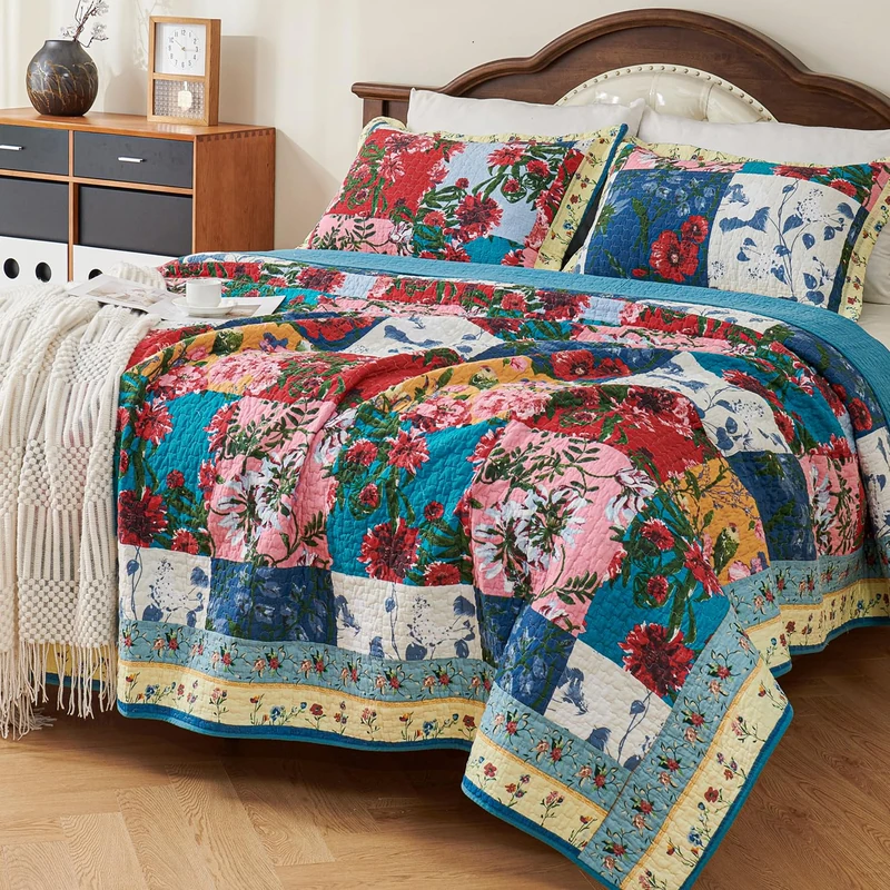 EVENHUG 100% Cotton Patchwork Quilt King Size Set Lightweight Floral King Quilts Bedding Set Bedspread Coverlet Reversible Bed Cover with Pillow Shams for All Seasons 3 Pieces (106"X96")
