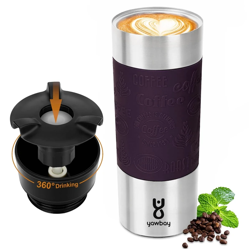 Yawbay Travel Coffee Mug with 360°Lid, Travel Coffee Tumbler 16 oz Leak Proof, Stainless Steel Insulated Travel Mugs for Hot and Cold Spill Proof Leak Proof (Purple)