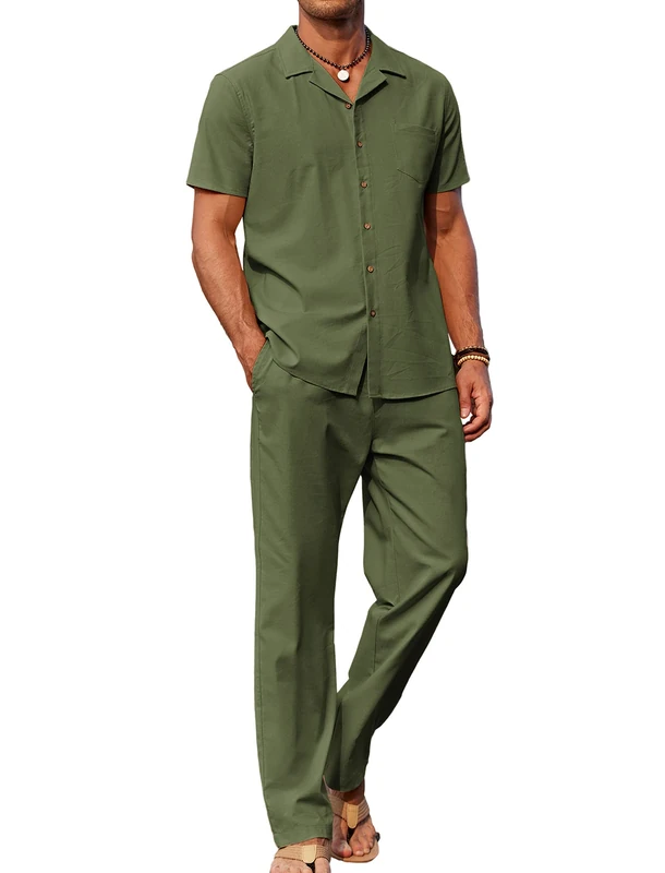 COOFANDY Men 2 Piece Linen Outfit Beach Button Down Shirt Casual Loose Pant Sets, Army Green, Medium