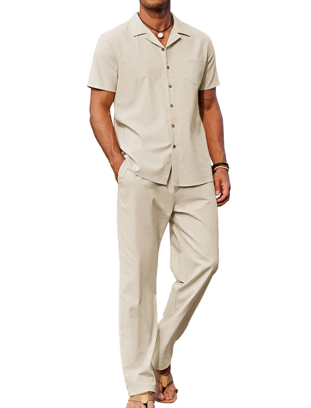 COOFANDY Men 2 Piece Linen Outfit Beach Button Down Shirt Casual Loose Pant Sets, Khaki, XXL