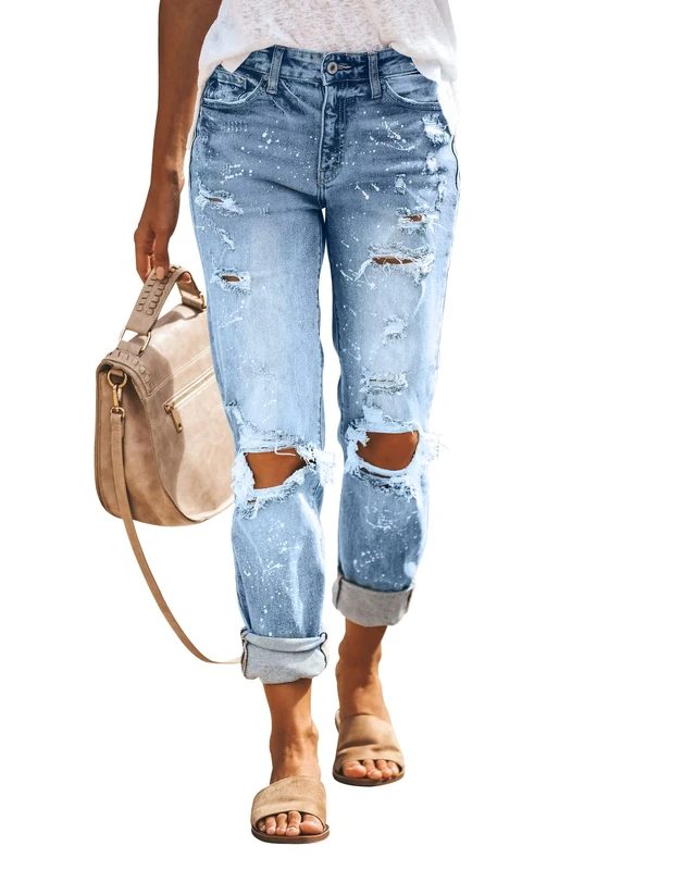 KUNMI Women's Ripped Mid Waisted Boyfriend Jeans Loose Fit Distressed Stretchy Denim Pants, 1009-blue, Medium