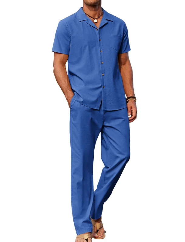COOFANDY Men 2 Piece Linen Outfit Beach Button Down Shirt Casual Loose Pant Sets, Royal Blue, Large