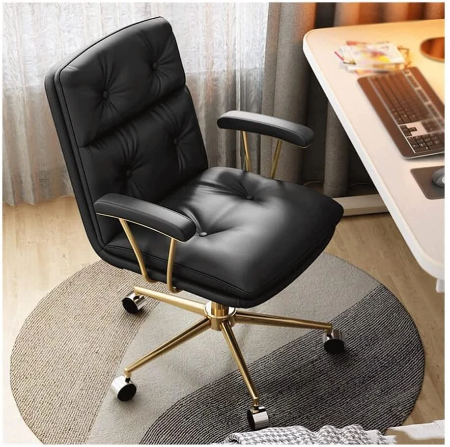Artificial Leather Office Chair，Ergonomic Comfortable Soft Home Breathable Computer Chair，360° Swivel Desk Chair with Golden Legs