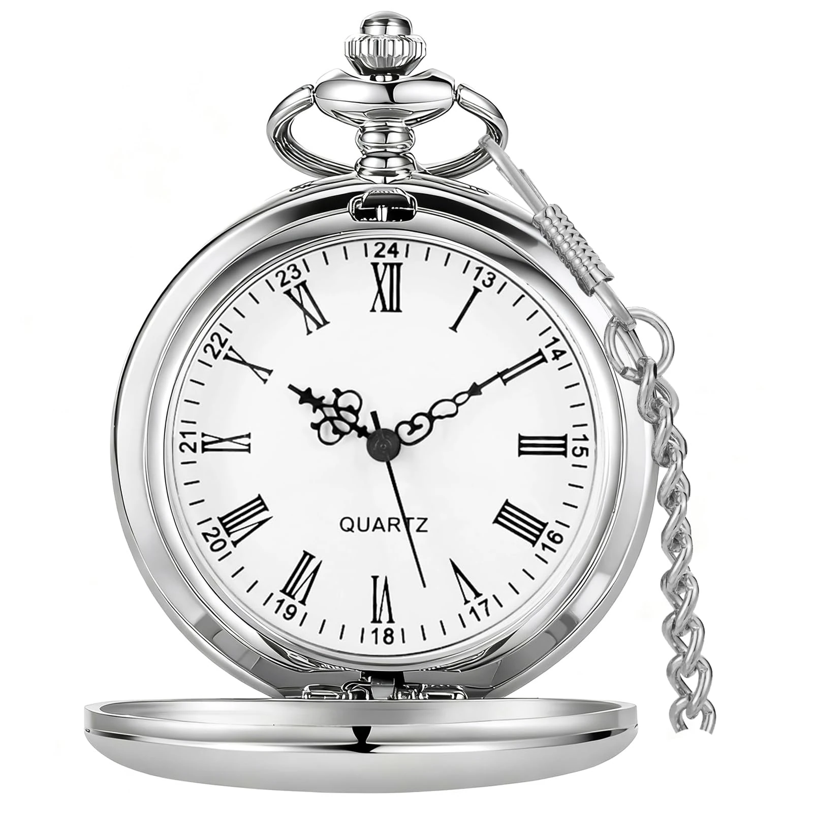 Tiong Vintage Silver Smooth Steel Pocket Watch with Chain Roman Numerals Silver Men's Quartz Pocket Watches for Men