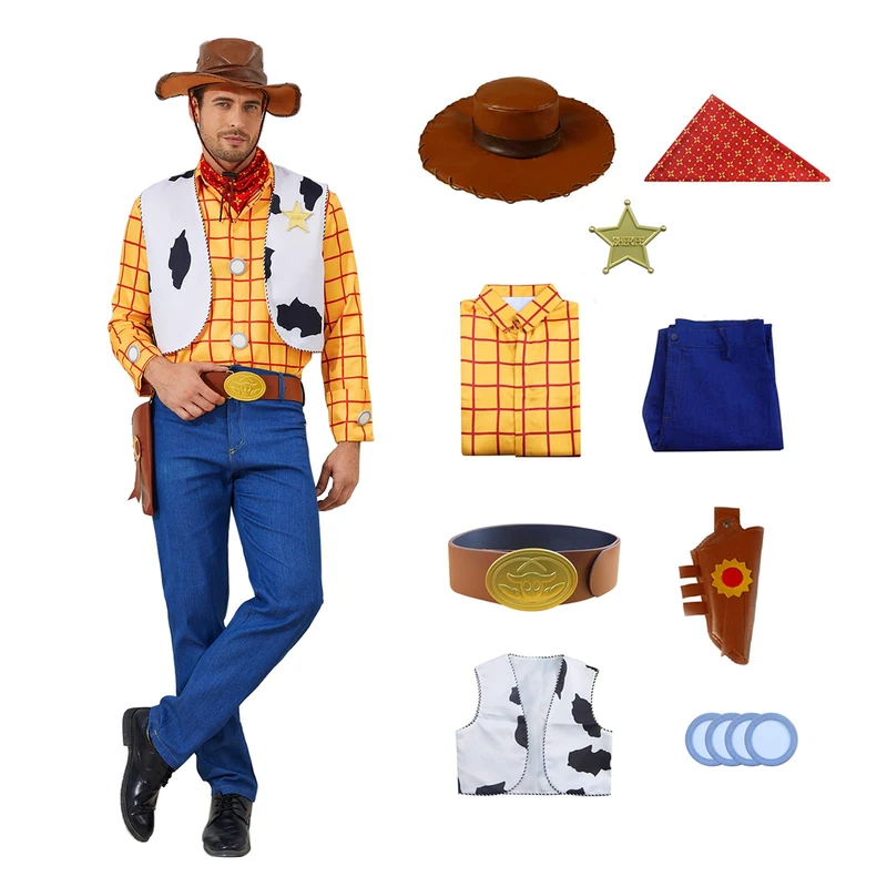 LILLIWEEN Woody Costumes Adults Cowboy Cosplay Costume Sheriff Halloween Uniform Fancy Dress Costume XL