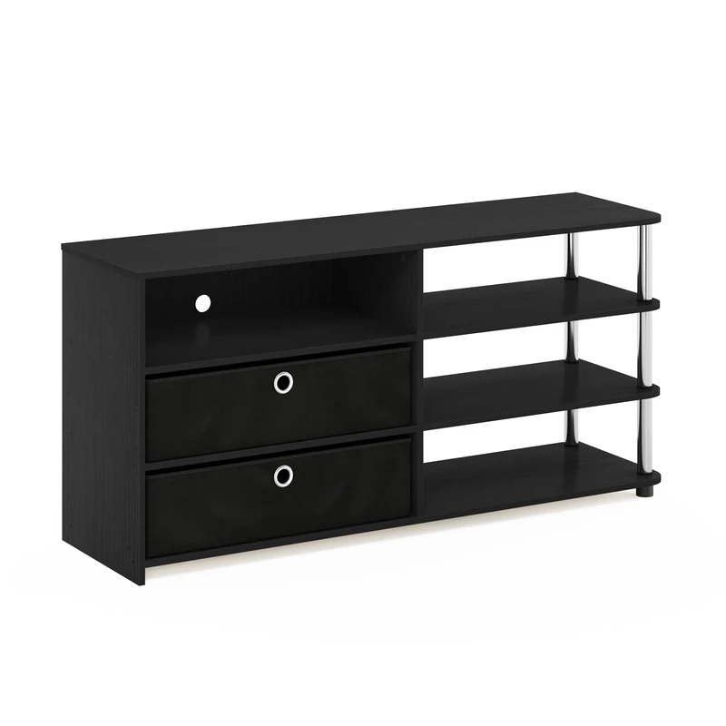 Furinno JAYA TV Stand, 3-Tier Open Design Entertainment Center with Storage Bins, TV Console for TV up to 55-Inch, for Living Room, Bedroom, Americano/Stainless Steel