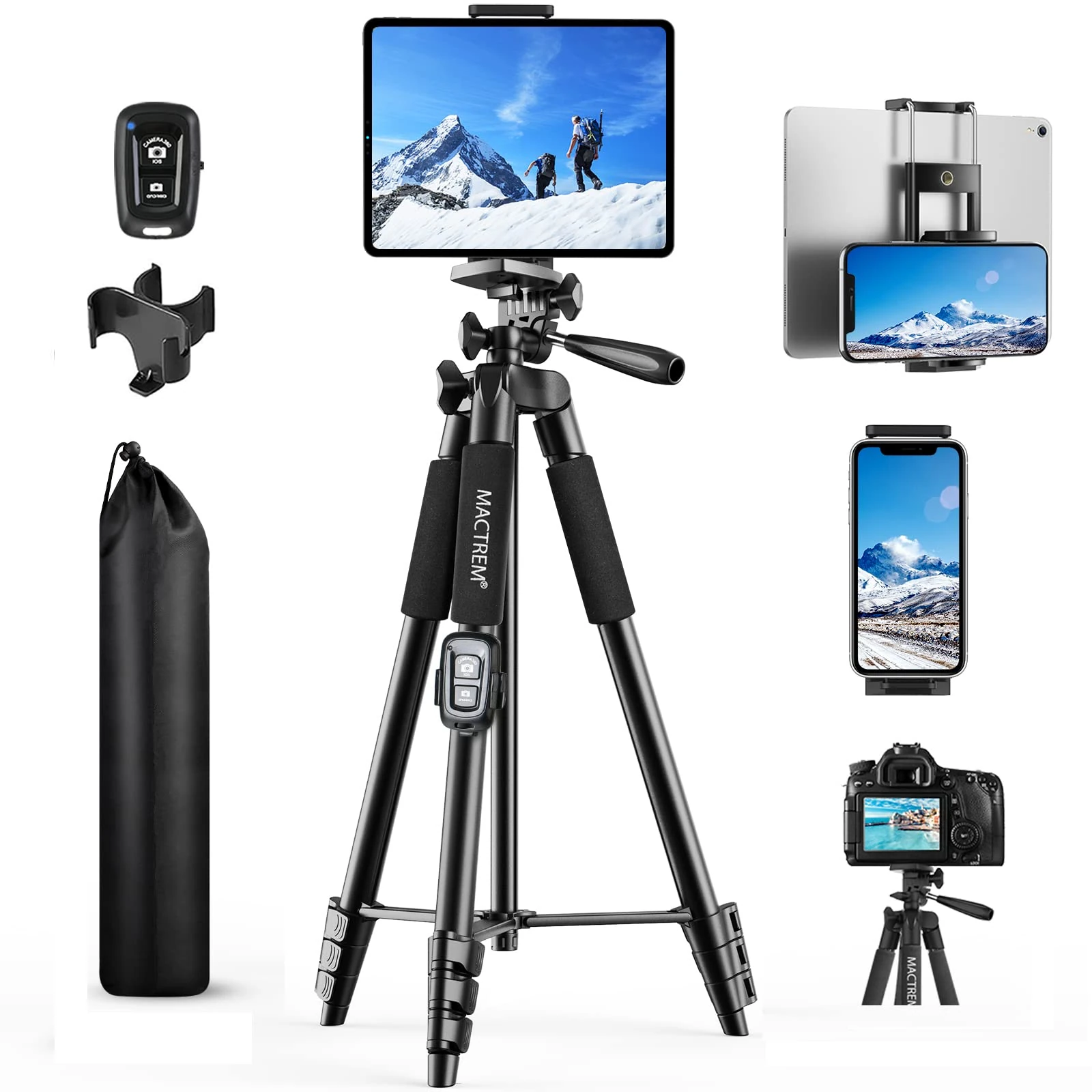 Phone Tripod, Upgraded 65inch/165cm Lightweight Portable Camera Tripod for iPhone/iPad/Samsung/Smartphone/Action Camera/DSLR Camera with Phone Holder & Wireless Bluetooth Control Remote Black