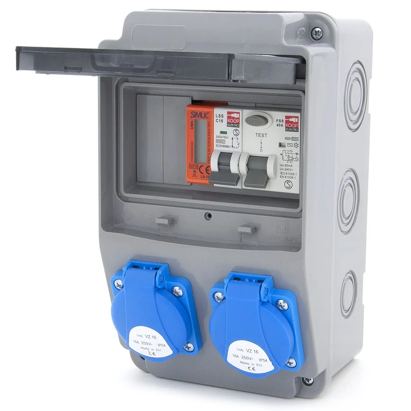 Construction site power distributor 6NO 2 x 230 V + LS and FI wired (2 x 230 V + 1 x LS C16 + FI40 + electricity meter)