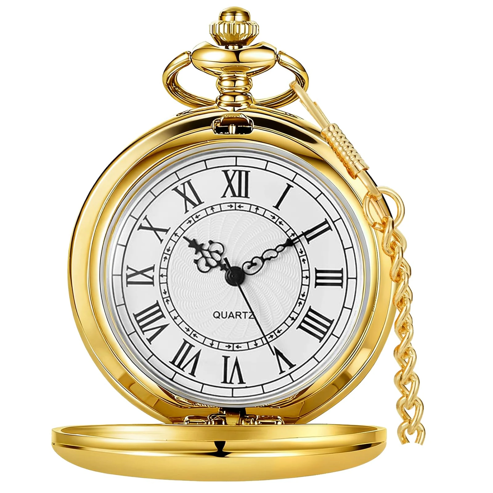 Tiong Vintage Gold Pocket Watch with Chain Smooth Steel Quartz Roman Numeral Men Quartz Pocket Watches