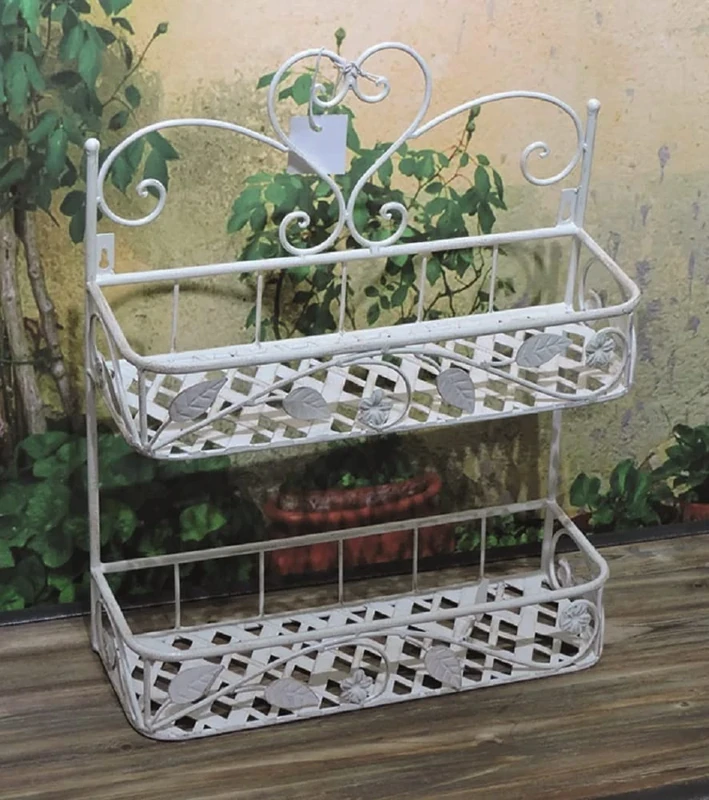 Vigor Flower Holder Wrought Iron Planter 2 Shelves Wall Or Stand, Antique White, Standard