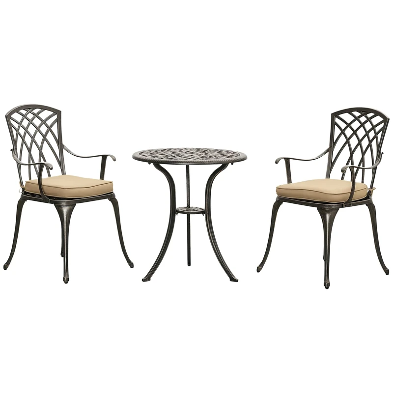 Outsunny 3 Piece Cast Aluminium Garden Bistro Set for 2, Outdoor Coffee Table Set Rust Resistant with Parasol Hole, Cushions, Patio Table and Chairs for Garden, Balcony, Bronze Tone