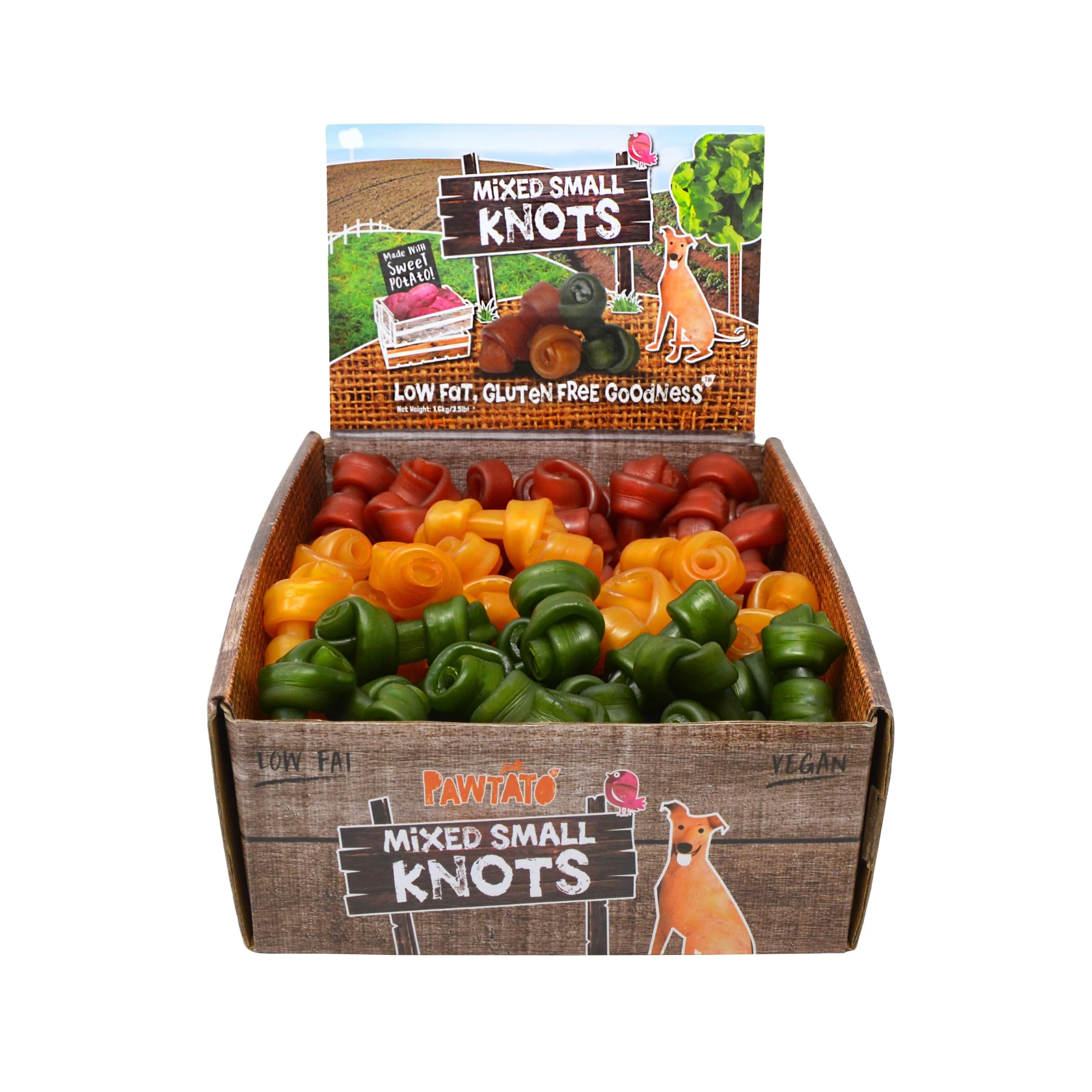 Pawtato Small Knot Shaped Dog Chews (1.6kg Mixed Case) Made With Sweet Potato, Rice, and Brewer’s Yeast For Energy, Delicious Natural Dog Treats For Dogs & Puppies, Green, Red & Orange Colours