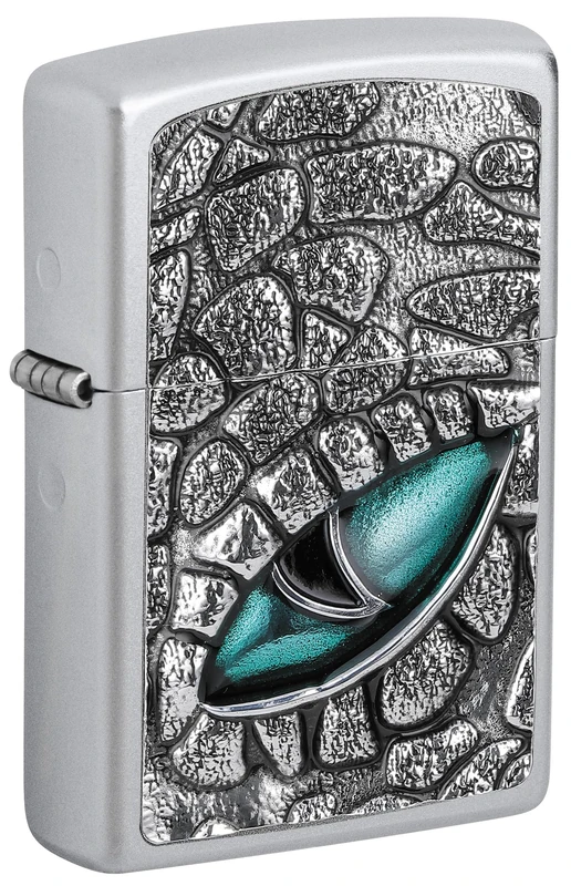 Zippo Windproof Lighter, Crocodile Eye Design – Satin Chrome, Emblem Attached – Refillable, Reusable, Windproof Design – Comes in Gift Box – Made in USA