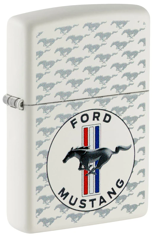 Zippo Windproof Lighter, Ford Mustang Horse and Bars Device Design – Matt White, Colour Image – Refillable, Reusable, Windproof Design – Comes in Gift Box – Made in USA