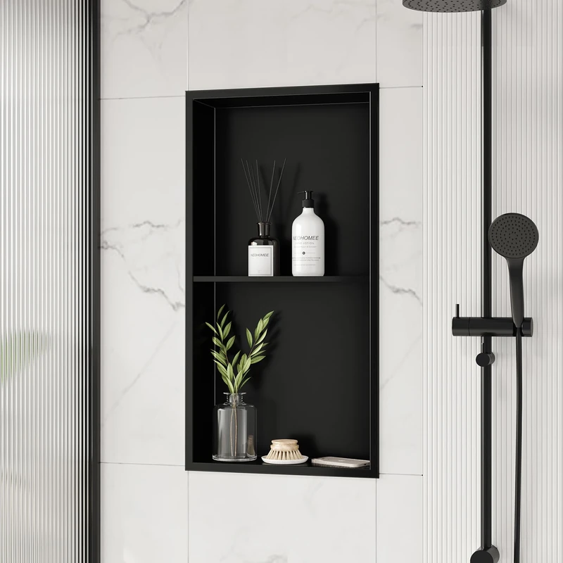 Neodrain No Tile Shower Niche, Stainless Steel Wall Niche 13.1"X25.1"(Inner Size 12"X24"), Two-Tier Bathroom Shelf, NO Tile Needed Recessed Cabinet for Bathroom Storage, Matte Black