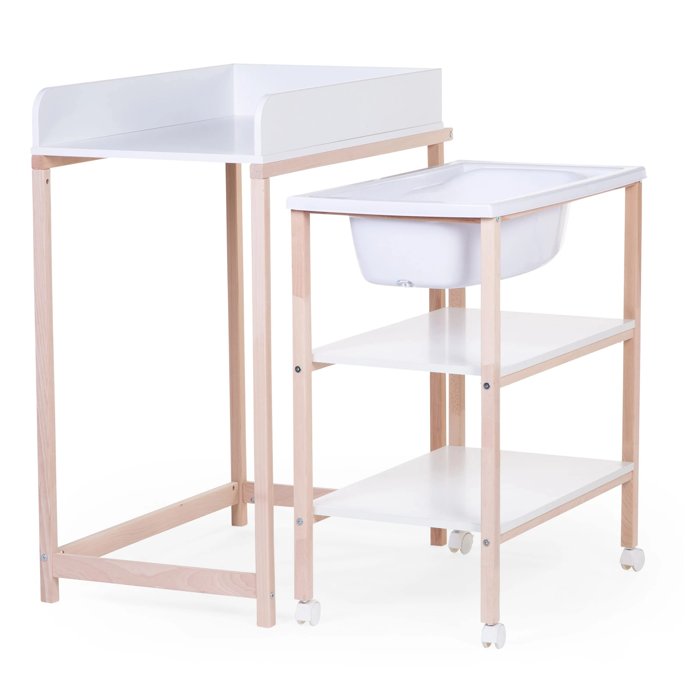 Béaba CHILDHOME Baby Changing Table with Bath, Wheels Easy Movement, Changing Unit, Heavy Duty, Optimal Safety, Ultra Practical, Compact, Natural Beech Wood, White.