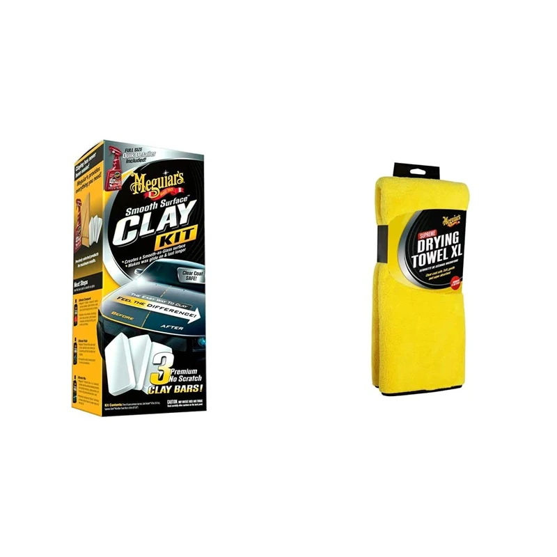 Meguiar's G191700EU Smooth Surface Clay Kit, to remove contaminants such as tree sap, tar, overspray and industrial fallout X1905EU Supreme Microfibre Car Cleaning Drying Towel XL, Yellow