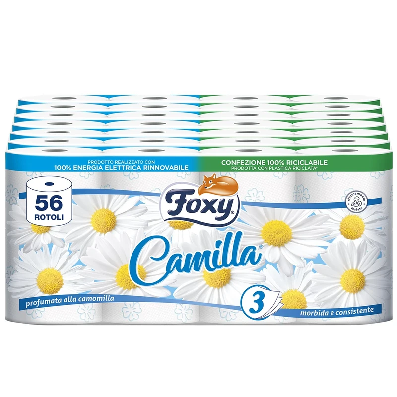 Foxy Camilla | 3-ply Chamomile Scented Toilet Paper | 56 Rolls | 160 tears per roll | 100% PEFC Certified Paper | 100% Recyclable Packaging