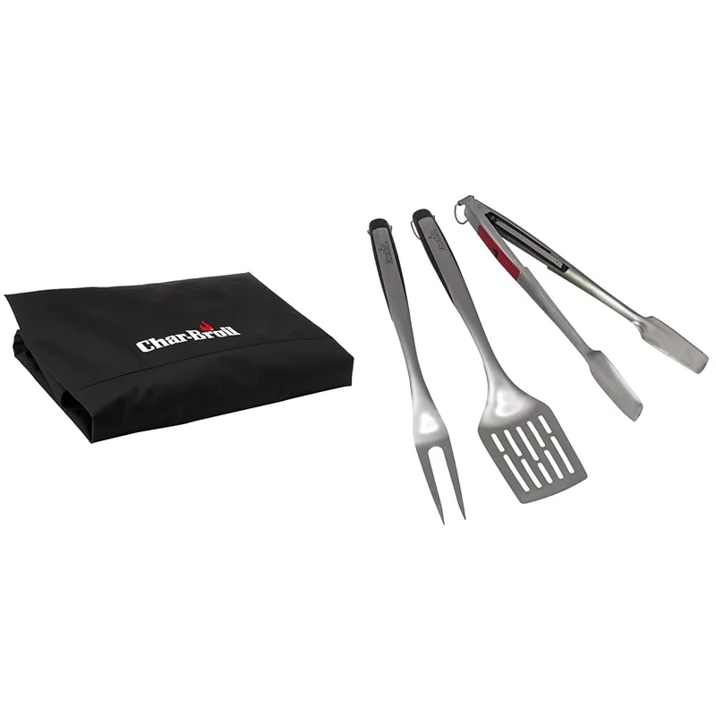 Char-Broil 140 005 - Premium 4 Burner Gas Barbecue Grill Cover, Black. & 140 767 - Comfort Grip 3 piece toolset, Stainless Steel.
