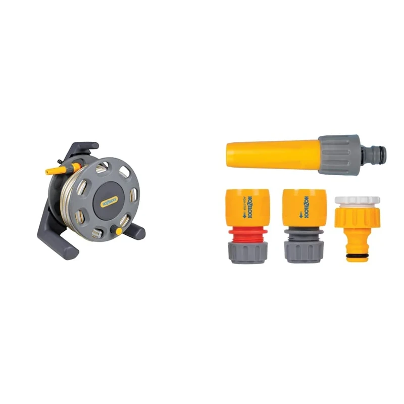Hozelock 2412D0000 30m Compact Reel with 15m Hose & HOZELOCK 2352 Hose Fitting Starter Set