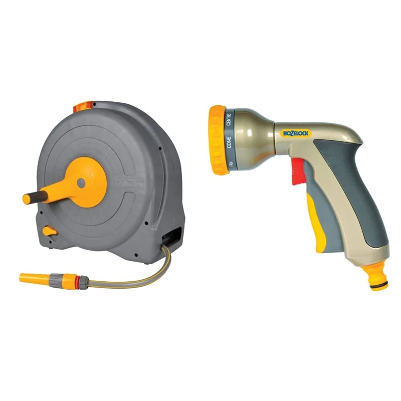 Hozelock 2494R0000 Free Standing Fast Reel with 40m hose & HOZELOCK Multi Plus Spray Gun