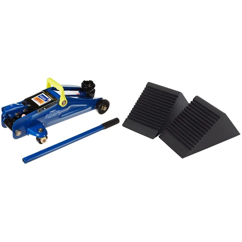 Draper 27634 2 Tonne Light Duty Trolley Jack, 440mm x 200mm x 140mm & 54500 Rubber Wheel Chock, Pack of 2