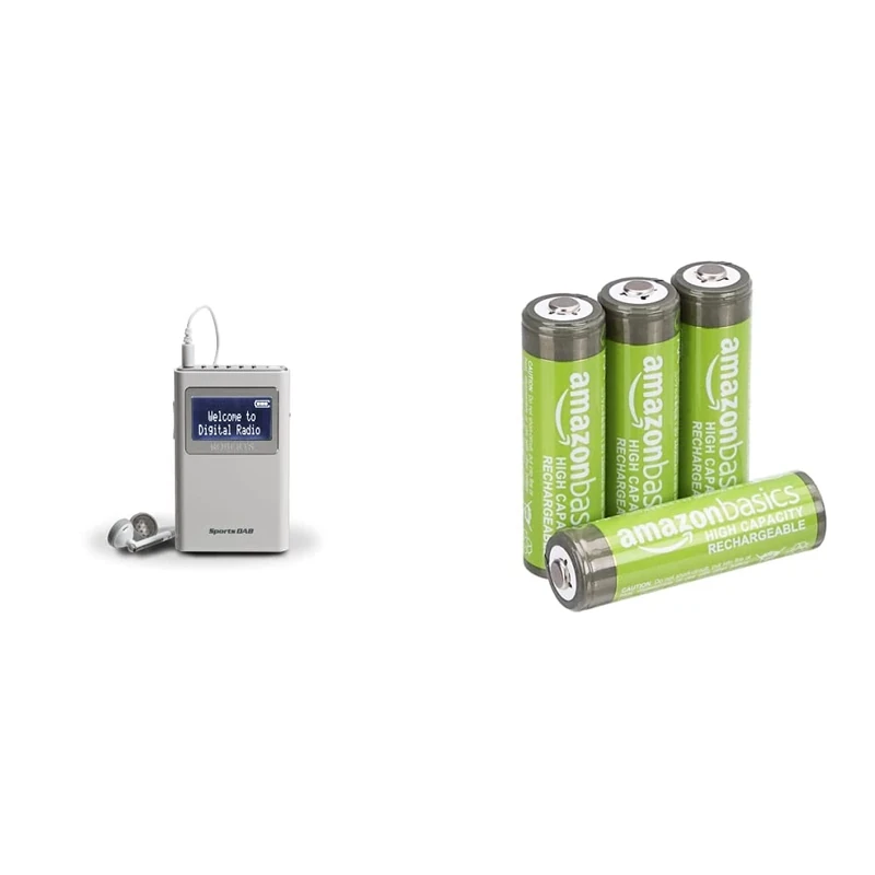 Roberts Radio Sports DAB5 DAB/DAB+/FM Personal Digital Radio - White & Amazon Basics AA High-Capacity Rechargeable Batteries, Pre-charged - Pack of 4 (Appearance may vary)