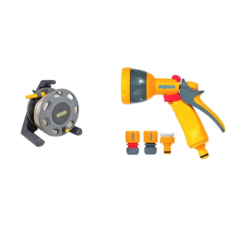Hozelock 2412D0000 30m Compact Reel with 15m Hose & Hozelock 2347 0000 Multi Spray Watering Gun Starter Set, 205.0 mm*230.0 mm*260.0 mm