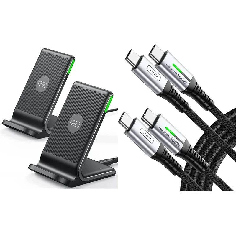 INIU Wireless Charger 2-Pack, Qi-Certified 15W Fast Wireless Charging Stand with Sleep-friendly Adaptive Light & Dual Charging Modes & USB C Cable, 20V/5A PD QC 4.0 Fast Charging USB C to USB C cable