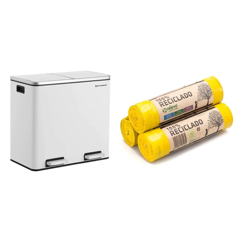 SONGMICS LTB48WT Rubbish, Waste Separation System with 2 Compartments, Bin for The Kitchen, 2 x 24 L, Soft Close, White & Relevo 100% Recycled Bin Liners, Heavy Duty