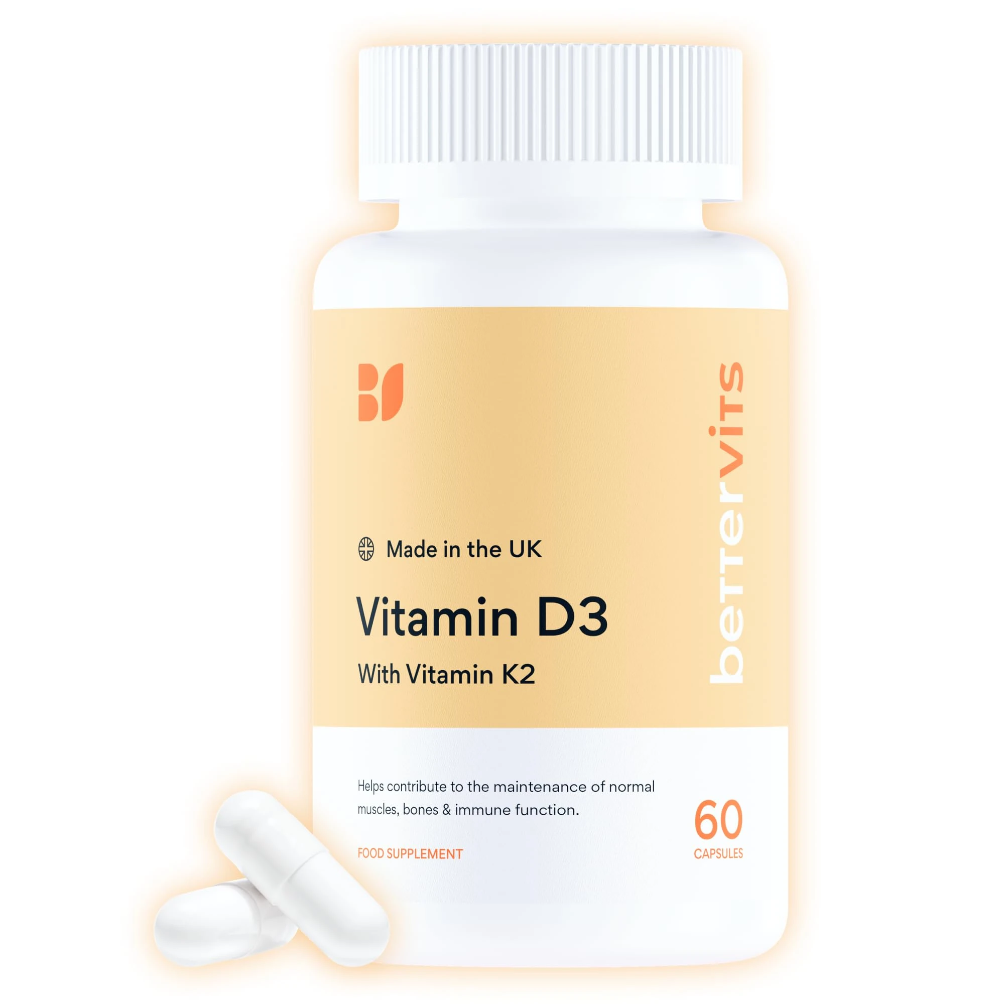 Bettervits Vitamin D3 K2 4000IU High Strength | Premium K2 Vitamin Supplements | Supports Immune System - Bone & Heart Health | Essential VIT D for Energy & Mood | Vegan Friendly - 60 Capsules