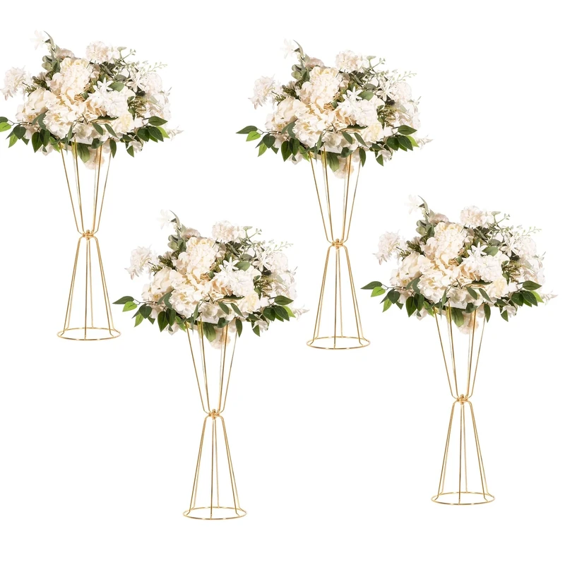 Gold Vases Centerpieces for Wedding Geometric Metal Flower Stand for Tables Bulk, 4pcs 23.6” Tall Trumpet Vases for Centerpieces Party Dinner Anniversary Ceremony