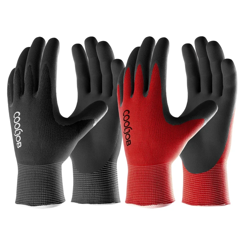 COOLJOB Work Gloves, 2 Pairs Gardening Gloves for Men, Breathable Rubber Coated Work, Working Large Size Fits Most, Black & Red (M)