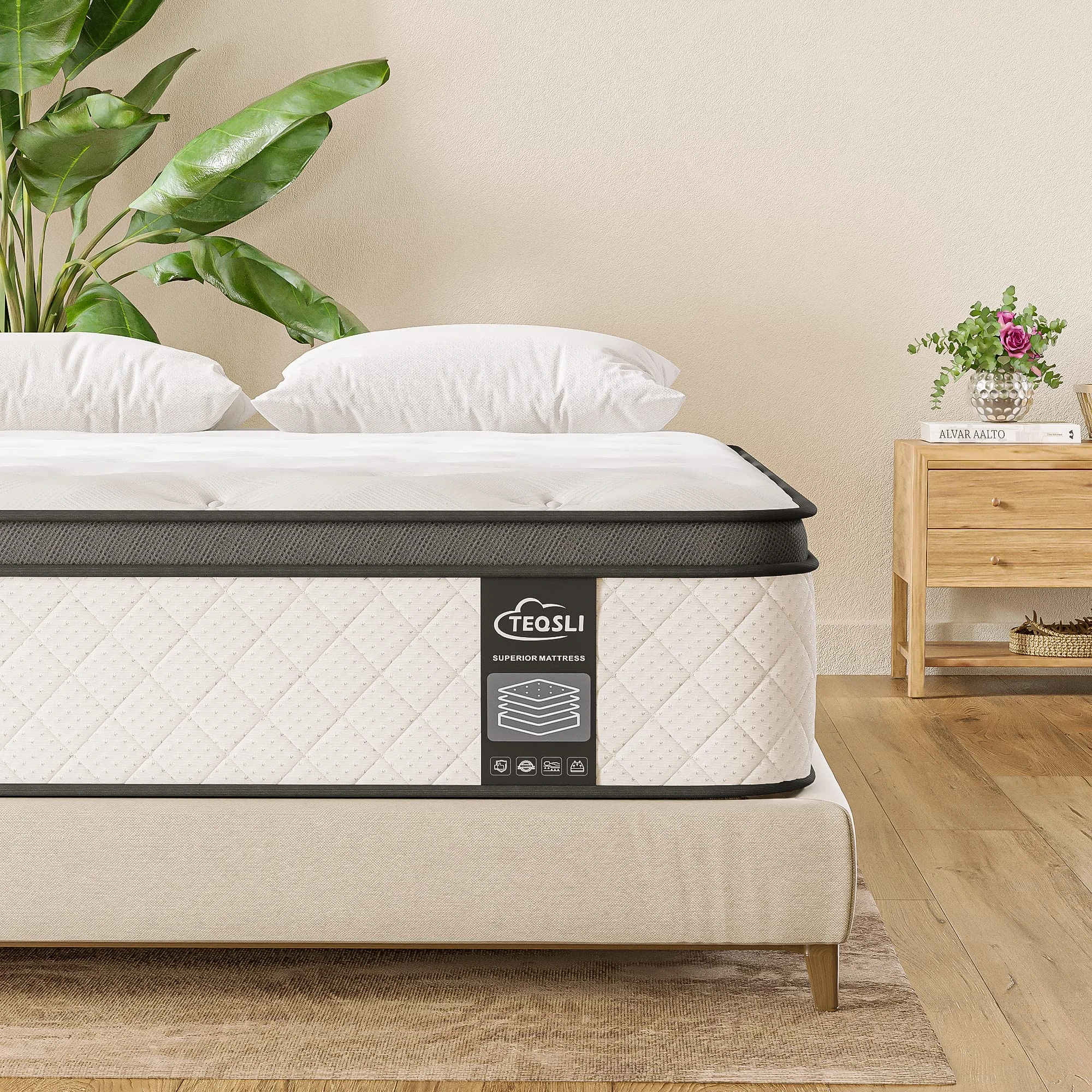 TeQsli 5FT King Mattress 10 Inch Gel Memory Foam Pocket Spring Hybrid Mattress, Medium Firm Orthopedic King Mattresses Back Pain Relief - Edge Support & OEKO-TEX Certified 150x200x25cm