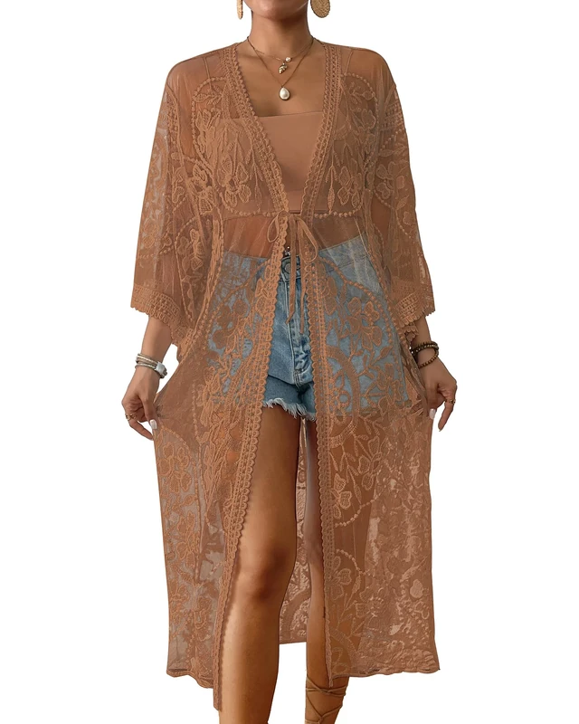 Bsubseach Bathing Suit Cover Ups for Women Lace Kimono Cardigan Embroidery Bikini Beachwear Coverup Khaki