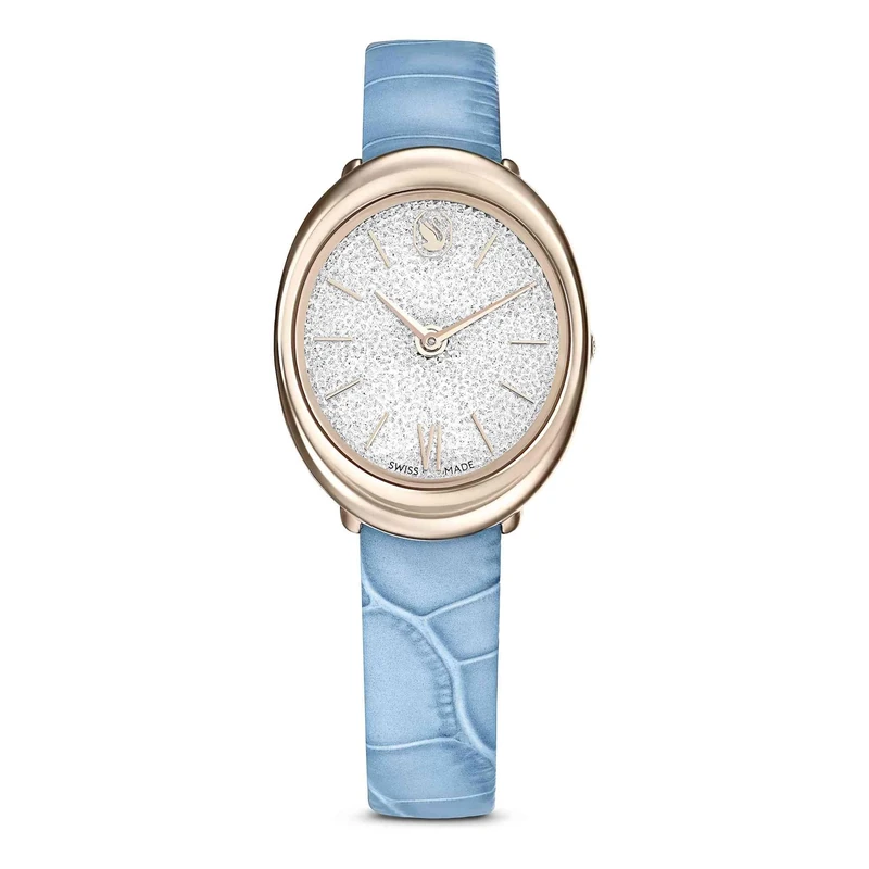 Swarovski Imber Oval Watch, Swiss-Made & Water-Resistant Stainless Steel Wristwatch in a Champagne Gold-Tone Finish with Clear Crystals and Blue Leather Strap, Part of The Imber Collection