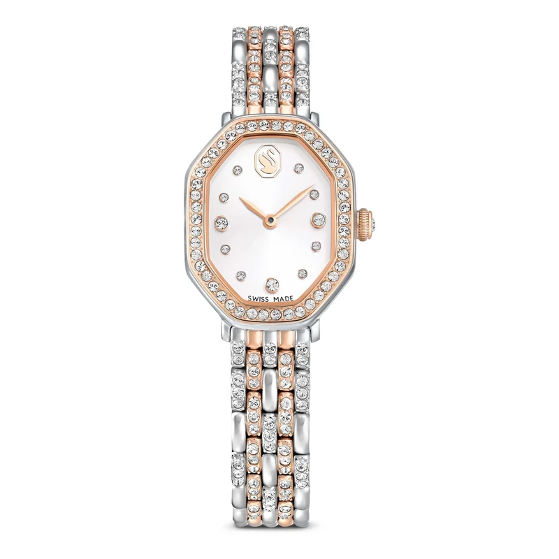 Swarovski Dextera Octagon Watch, Swiss-Made & Water-Resistant Stainless Steel Wristwatch, Silver/Rose Gold-Tone Finish with Crystals & Metal Bracelet Strap, Part of The Dextera Collection