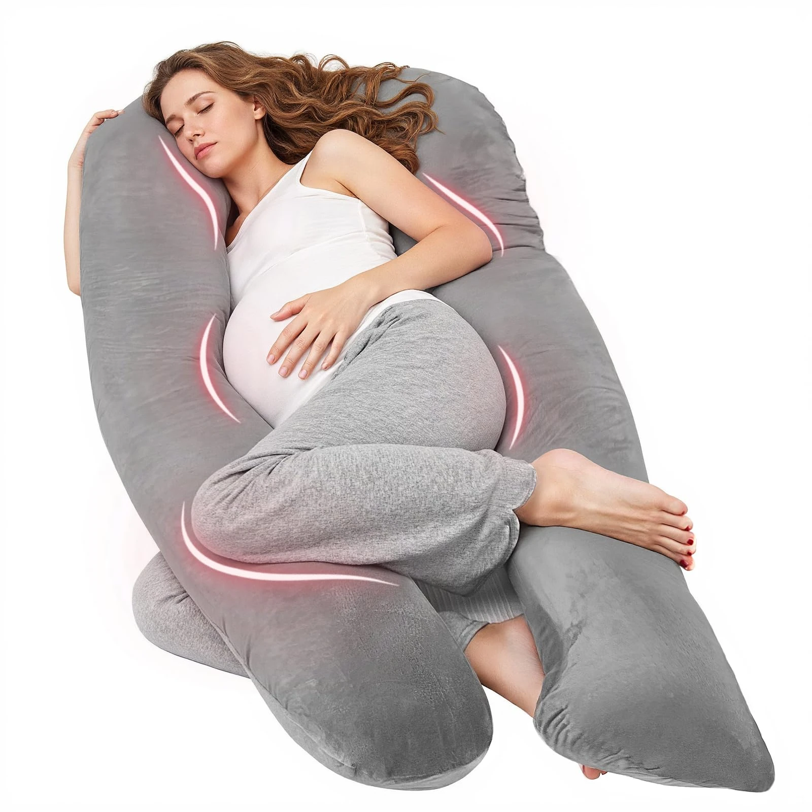 Nuliie Pregnancy Pillow for Sleeping, U Shaped Full Body Pillow Pregnancy Pillows, Maternity Pillow Support for Back, Hips, Legs for Pregnant Women, With Washable Velvet Cover (Grey)