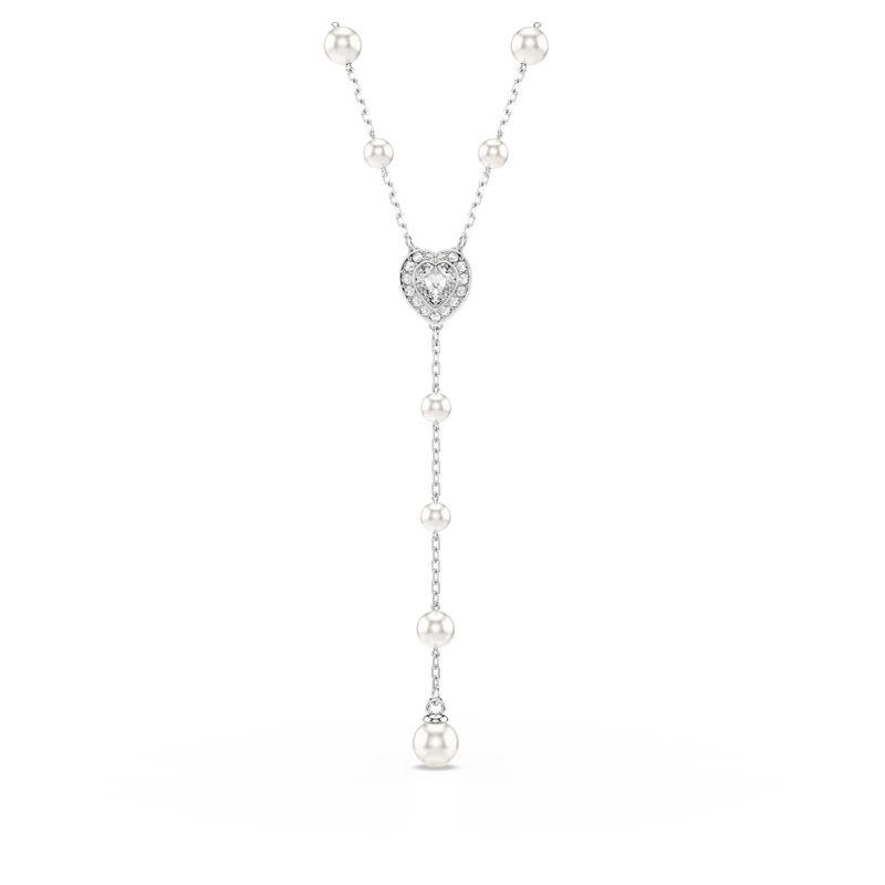 Swarovski x Ariana Grande Y Necklace, Heart Motif with Clear Mixed-Cut Crystals and Crystal Pearls in a Rhodium-Finished Setting, Part of the Ariana Grande x Capsule Collection