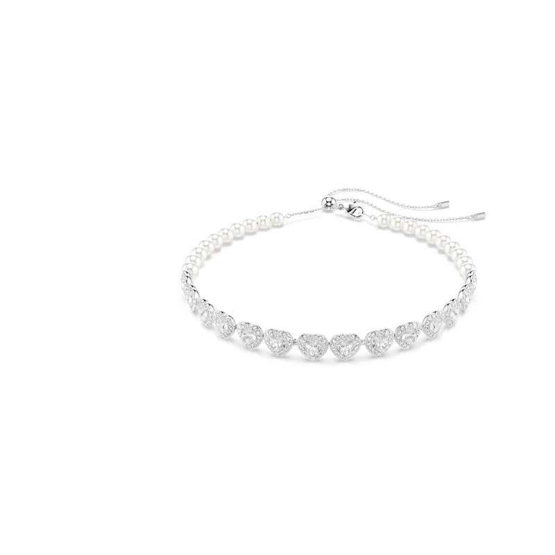 Swarovski x Ariana Grande Tennis Choker Necklace, Heart Motif with Clear Mixed-Cut Crystals and Crystal Pearls in a Rhodium-Finished Setting, Part of the Ariana Grande x Capsule Collection