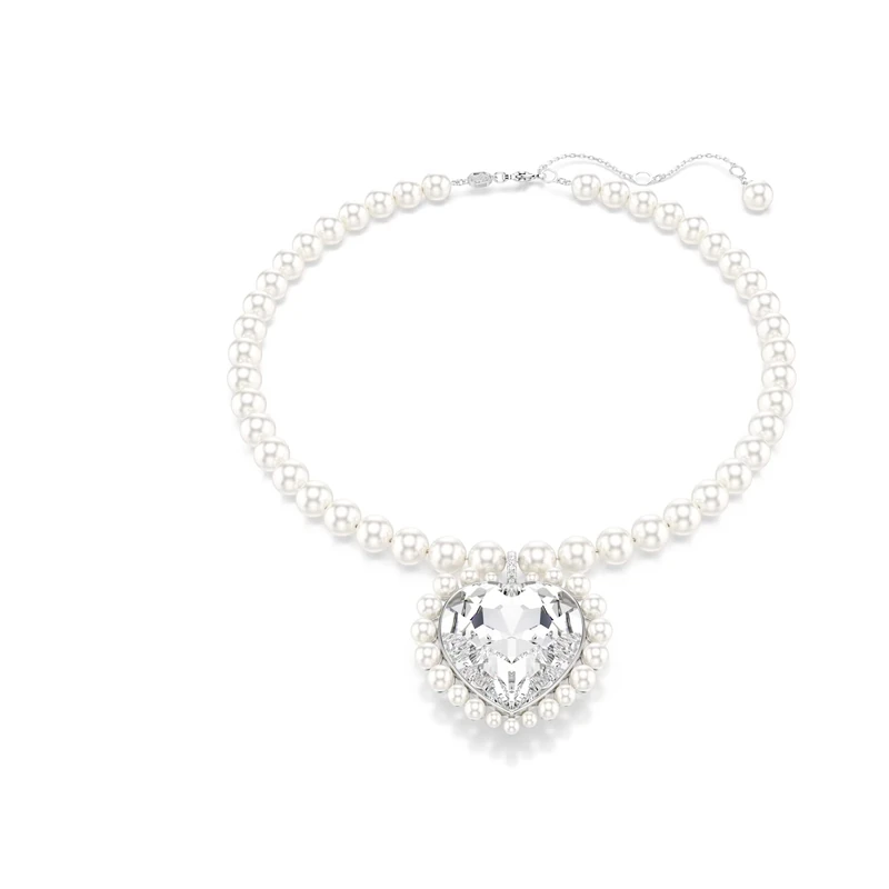 Swarovski x Ariana Grande Necklace, Clear Heart-Cut Crystal and Crystal Pearls in a Rhodium-Finished Setting, Part of the Ariana Grande x Capsule Collection