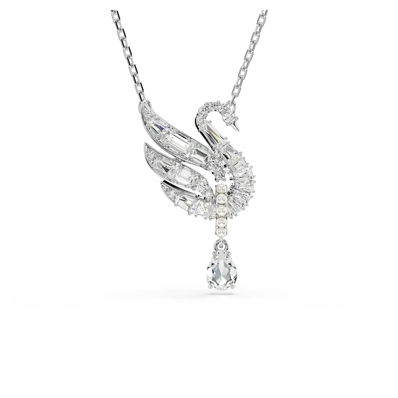 Swarovski Swan Pendant Necklace, Clear Mixed-Cut Crystals and Crystal Pearls in a Rhodium-Finished Setting, Part of the Swan Collection