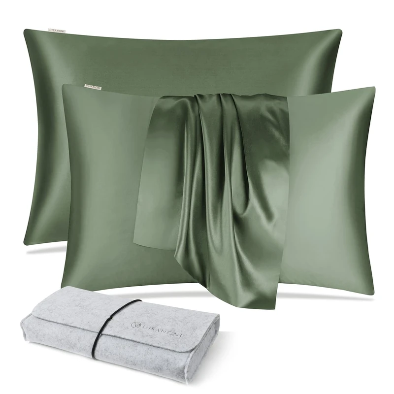DISANGNI 100% Silk Pillow Cases 2 Packfor Hair and Skin,with Hidden Zipper 22 Momme Both Sides Pure Natural Mulberry Silk Real Silk Pillow Case (2pc 50x90cm Green)