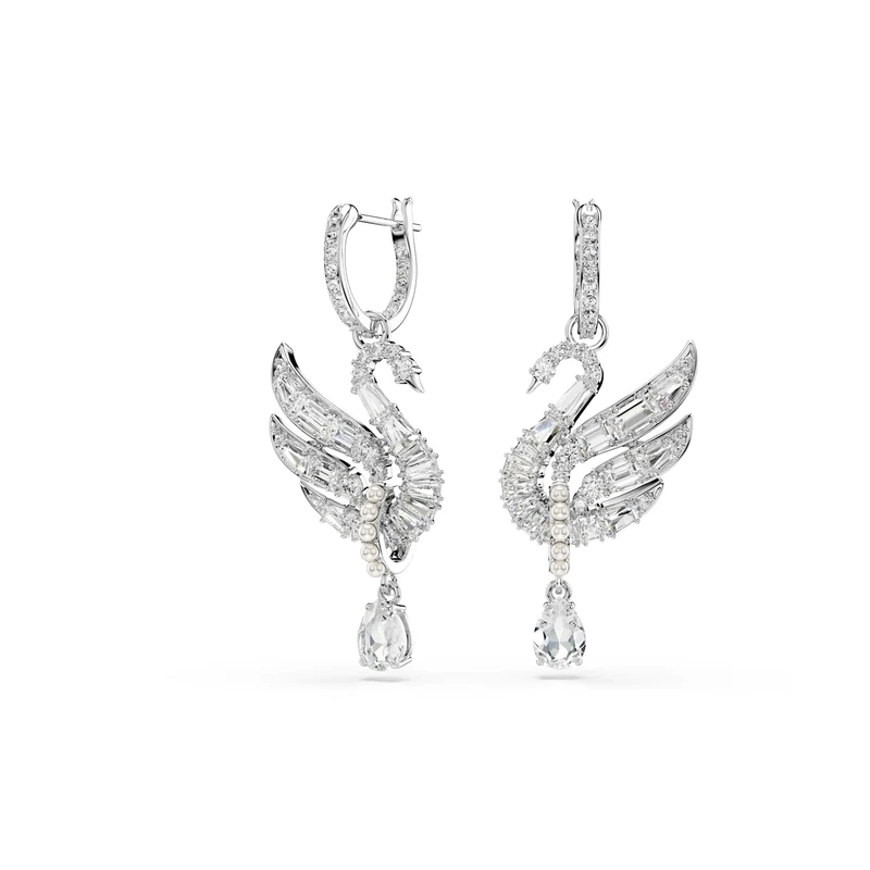 Swarovski Swan Earrings, Clear Mixed-Cut Crystals and Crystal Pearls in a Rhodium-Finished Setting, Part of the Swarovski Swan Collection