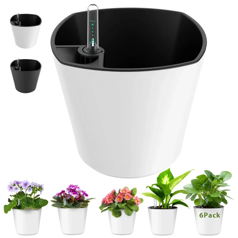 7" Round Self-Watering Pots for Indoor Plants Flower Pot with Water Level Indicator White 6 Pack African Violet Self Watering Planters for All Orchid Aloe Herb House Plant Planting Plastic Planter