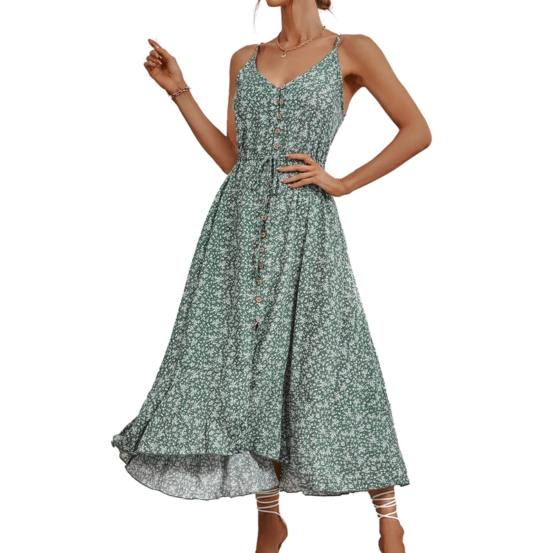 BROVAVE Women's 2025 Summer Casual Boho Sundress Polka Dot Spaghetti Strap V Neck Flowy Midi Dresses, 008 Ditsy Green, S