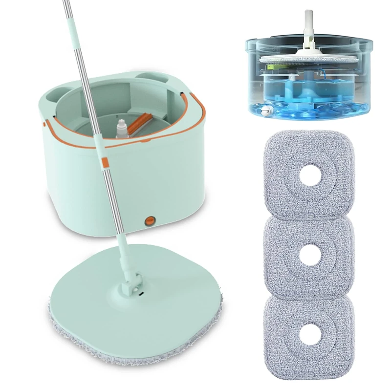 Flat Floor Mop and Bucket System Set with Wringer, Self Wringing Microfiber Spin Mops Bucket for Floor Cleaning, Separate Dirty Water, Wet and Dry Use, Mops for Hardwood, Laminate, Tile, LightCyan
