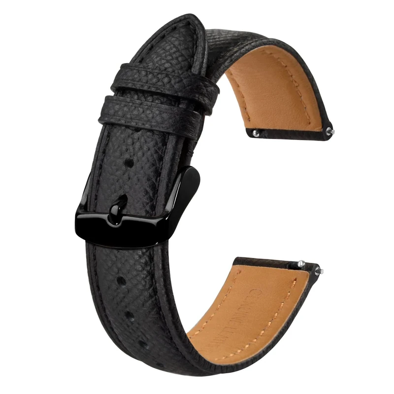 BISONSTRAP Watch Straps with Quick Release, Texture Leather Watchbands for Men Women, 18mm, Black, Black Buckle