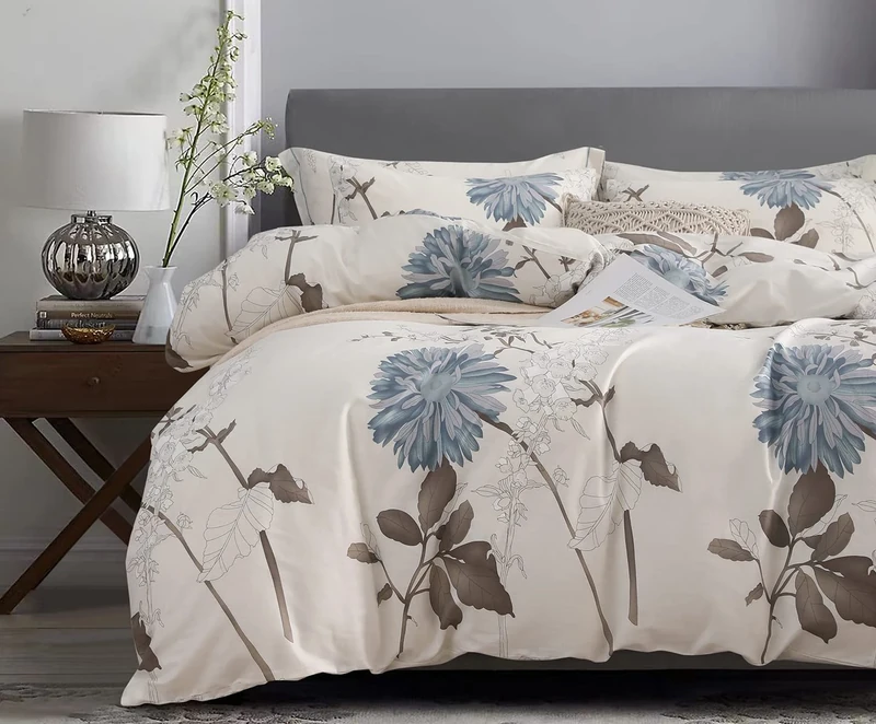 SLEEPBELLA Duvet Cover King, 600 Thread Count Cotton Botanical Flowers Pattern Printed Reversible Comforter Cover